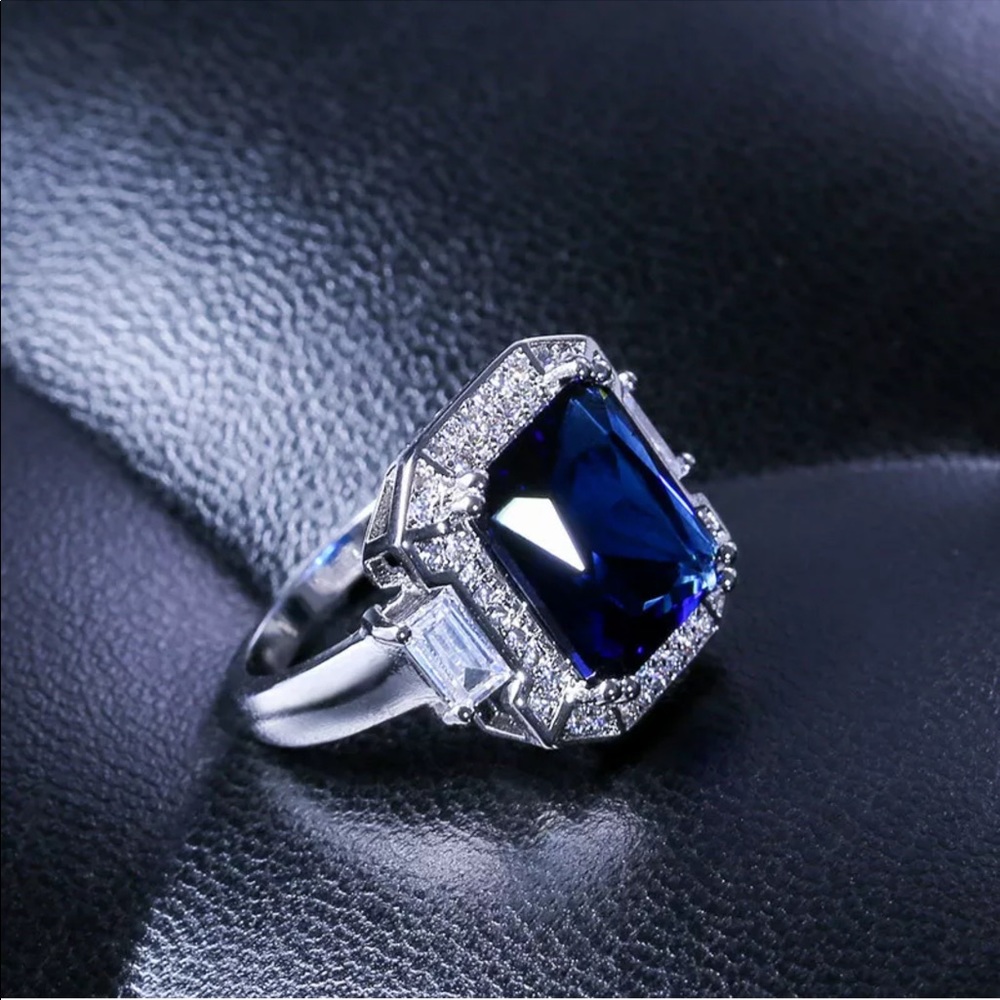 🌍 Blue Sapphire Princess Cut/White sapphires .925 - Picture 2 of 6
